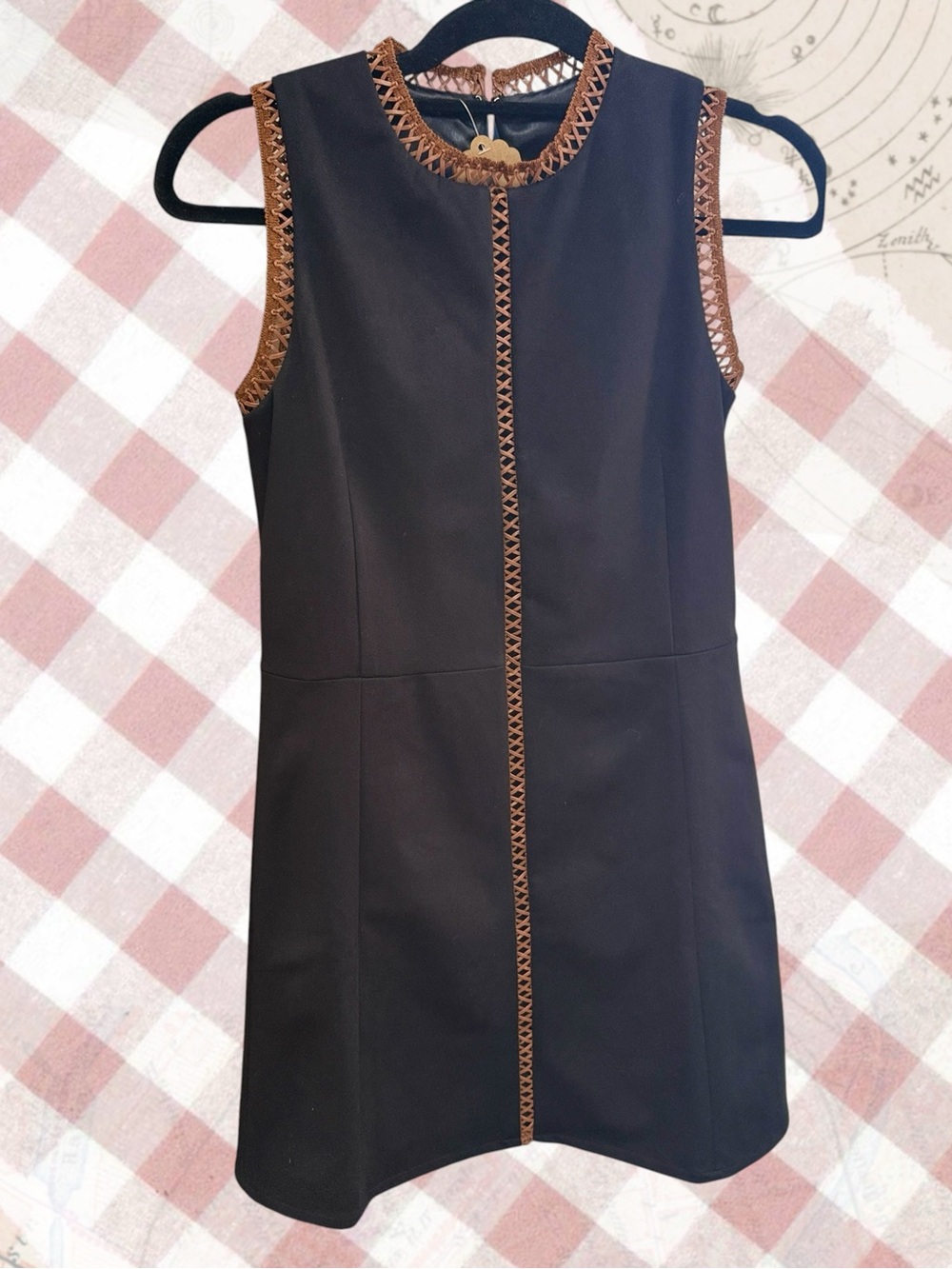 Central Park West Black Dress with Brown Trim